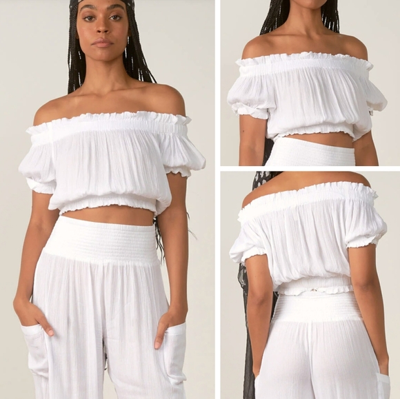 Elan Off Shoulder Ruffles White Cropped Top - Picture 7 of 7